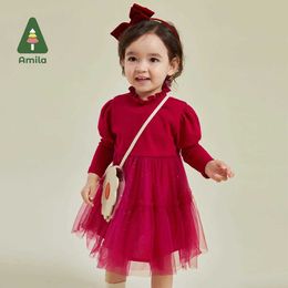 Girl's jurken Amila Childrens Clothing 2023 Nieuwe herfst Cut Patchwork Gauze rok Comfort Fashion Cotton Warm Jurk Girls Baby Dressl240502