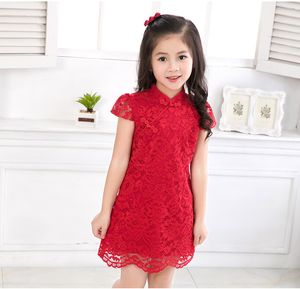 Robes de fille arrivées robe chinoise fille été rouge rose dentelle princesse filles robe Cheongsam enfants Qipao enfants fille vêtements 90-140 230320