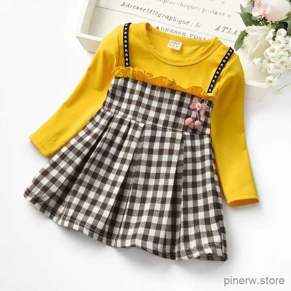 Robes de fille automne 2023 bébé filles rivet plaid robes à manches longues enfant en bas âge faux deux pièces robes de princesse en dentelle