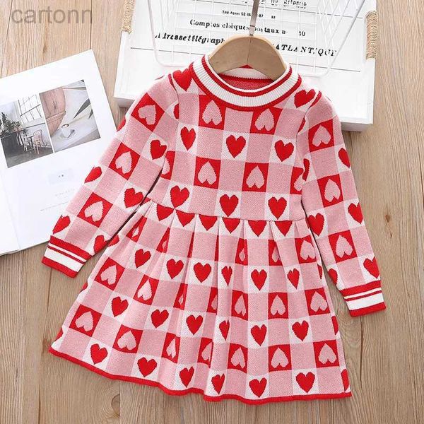 Vestidos de niña Suéter para niñas de otoño e invierno Vestido a cuadros Estampado completo Patrón de amor Vestido de punto cálido 2-6 años Vestido de princesa de moda para niños 24323