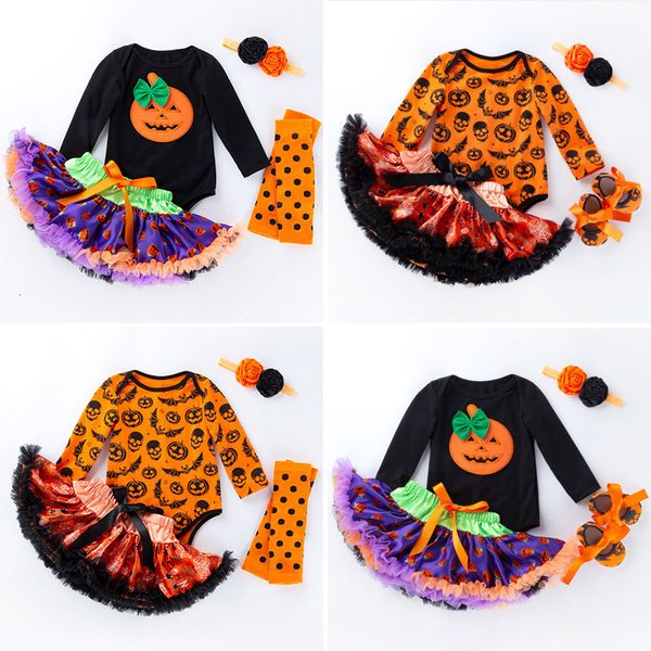 Robes de fille automne et hiver Halloween bébé Costume fête d'anniversaire dessin animé citrouille à manches longues maille princesse robe quatre pièces ensemble 230925