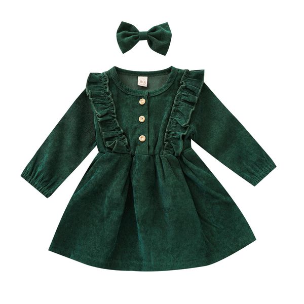 Robes de fille Automne Enfants Filles Robe Bandeau 2pcs Couleur Unie Volants À Manches Longues Bowknot Bouton A-ligne Robe Princesse Vêtements 230830