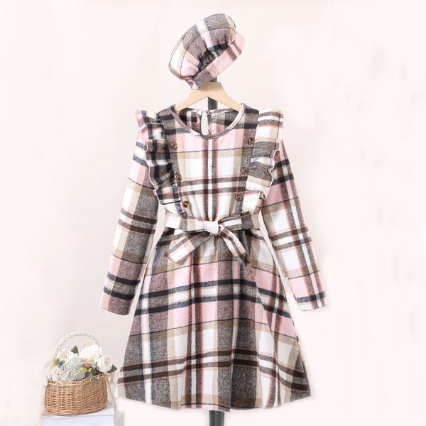 Vestidos de niña Vestido de otoño Niños Niñas 8 11 años Marrón Rosa Plaid Boina de manga larga para vacaciones elegantes 231117