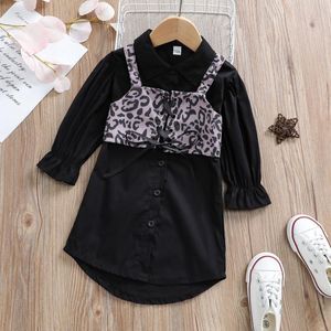 Vestidos de niña Traje de vestir de otoño para niñas pequeñas, camisa de un solo pecho con puños acampanados y solapa de color sólido + chaleco con lazo con estampado de leopardo