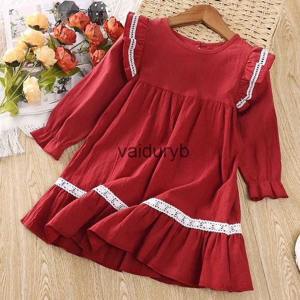 Vestidos de niña Otoño Nuevo vestido Niños Niñas Años Niñas Rojo Manga larga Encaje blanco Estilo con volantes Estilo simple suelto Princessvaiduryb