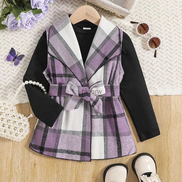 Robes de fille Automne Nouvelles filles Outfit 4-7 ans Petite fille Purple Plaid Gilet sans manches + Base en tricot noir Casual Vacances Costumes coréens