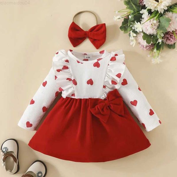 Vestidos de niña Autumn Princess Baby Girl 2pcs Spring Outfits Slewe Long Heart Print Bow Vestido con banda para diadema Terrestre para niños pequeños2404