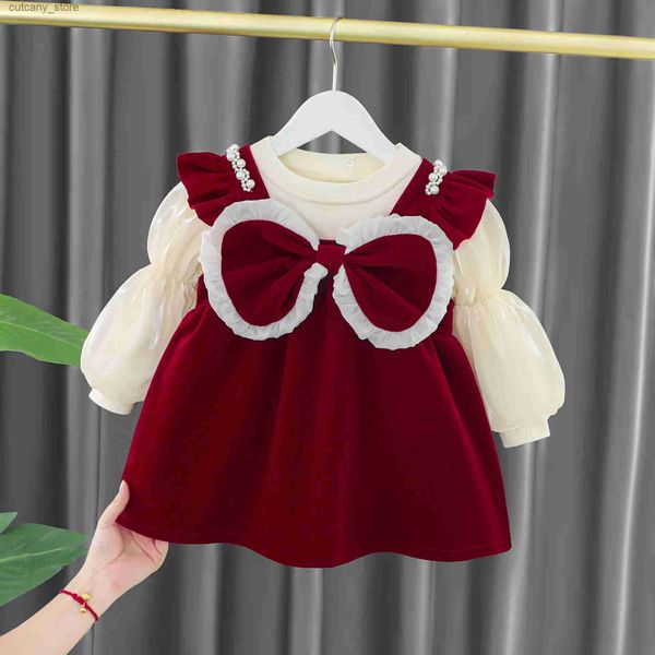 Vestidos de niña otoño niño invierno bebé niñas vestido niños rojo navidad año nuevo peluche vestido cálido ropa infantil conjunto top + falda para 1-4 años l240311