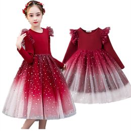 Girl's jurken Autumnwinter Girl -jurk lovertjes lovertjes lange mouw rood kerstkostuum voor meisjes 410t kinderen verjaardag avondfeest prinseskleding 221125