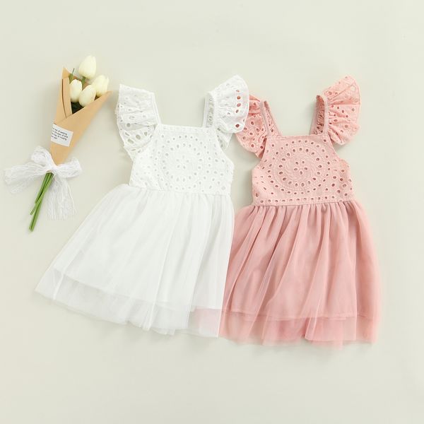 Robes pour filles Robe tutu en dentelle pour bébé et enfant Bébé et fille Manches évasées solides Col en V Patch Costume de travail Robe 100% coton Blanc Rose 1-5T 230407