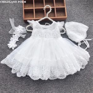 Robes de fille bébé baptême né mariage 1er anniversaire fête fille dentelle princesse blanc infantile robes de baptême avec chapeau 230327