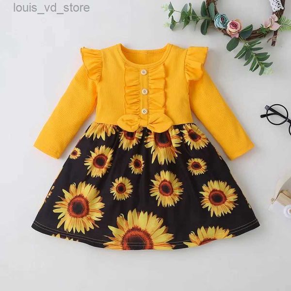 Vestidos de niña Baby Christmas Dress Girl Cotton Button Flying Slewer Long Bow Sunflower Princess Vestidos de niña Autumn Baby Girls 2-6y T240415