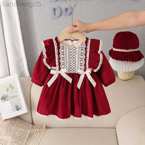 Robes de fille robes de bébé 2022 hiver nouvelle robe fille velours vin rouge espagnol robe polaire noël princesse jupe bébé fille vêtements W0221