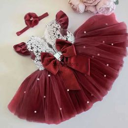 Meisjesjurken Baby Girl Bowknot Red Dress Lace Borduurwerk Tutu -jurken voor meisjes 1 2 3 4 5 jaar Verjaardagsfeestje Toddler Flower Bruiloft Jownl231222