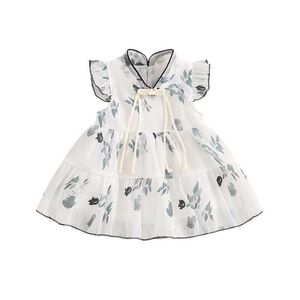 Girl's jurken Baby Girl Chinese stijl jurk met bladafdrukken kraag en flip kraag A-lijnjurk voor kinderen zomerkleding D240529