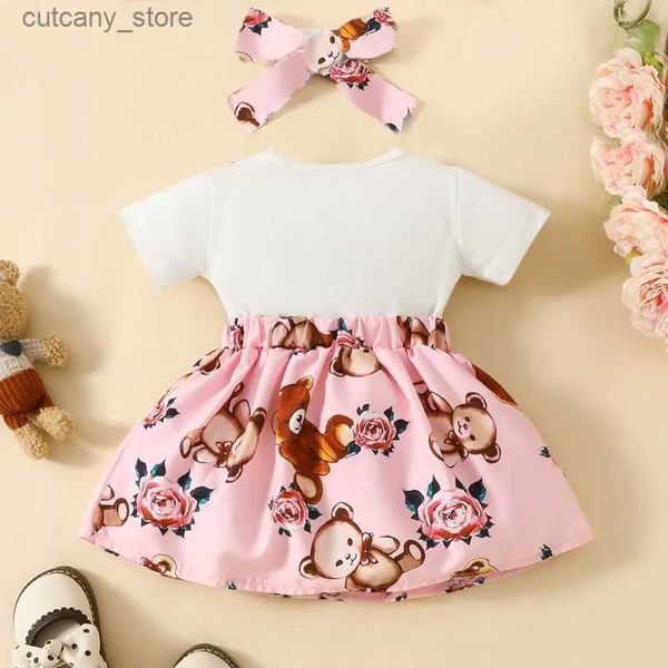 Vestidos de niña Conjunto de ropa para niña de 3 a 24 meses Vestido lindo de oso de dibujos animados Vestido de manga corta con diadema 2 piezas Conjuntos para niña pequeña L240313