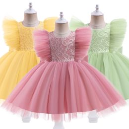 Robes de fille Robe de bébé fille 0-5T Robe de bébé Manches en dentelle Panneau en maille Robe de princesse Tutu Bow Robe de fête d'anniversaire Robe de bébé fille 230609