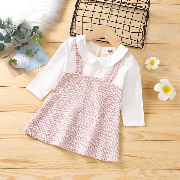 Robes de fille bébé fille robe col à manches longues rose jarretelle épissage convient aux enfants de 6 mois à 3 ans