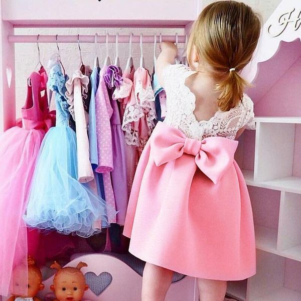 Robes de fille bébé fille robe princesse formel enfant en bas âge filles infantile né tissu dentelle dos ouvert noeud papillon mode tenue élégante KidsGirl's