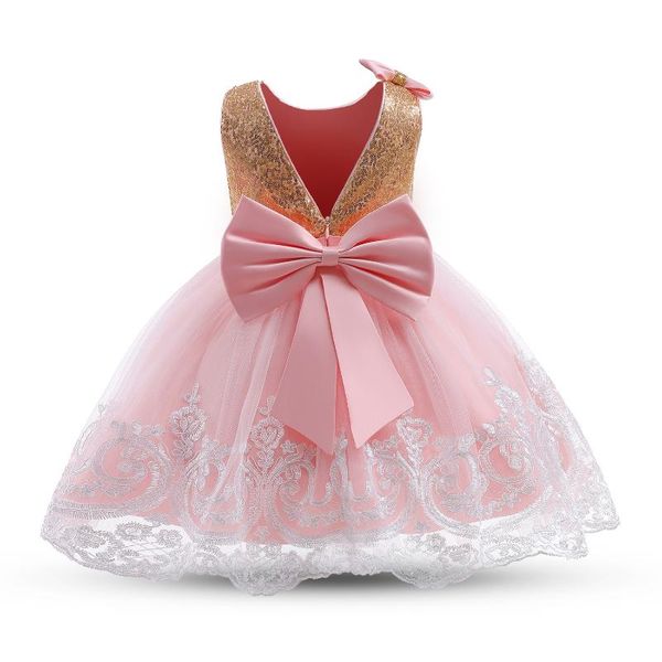 Robes de fille bébé fille arc rose fête d'anniversaire robe Tutu infantile été robe de princesse à paillettes né dentelle fleur baptême vêtements fille