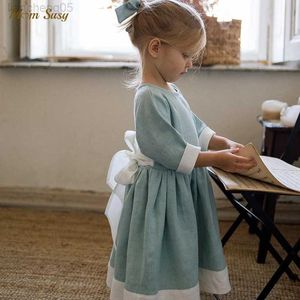 Robes de fille bébé fille princesse robe en lin à manches longues taille arc infantile enfant en bas âge fille Vintage robe fête anniversaire bébé vêtements 1-7Y W0224