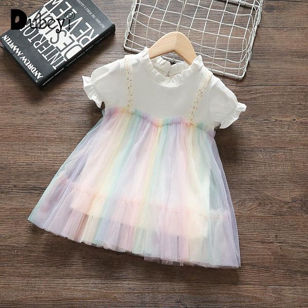Vestidos de niña, vestido Pastel de Color arcoíris para niña, vestido de manga corta abullonada de estilo coreano, ropa pequeña para fiesta de 1 a 5 años