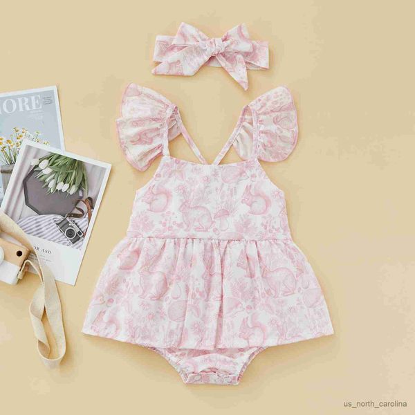 Vestidos de niña para niñas mamelas/vestido de niña Cartoon Rabbit estampado diseño sin mangas dobladillo de dobladillo lindo vestuario de verano R230815