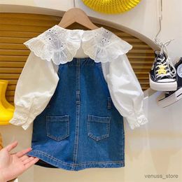 Girl's jurken Baby Girl's Suspenders Dress Spring Nieuwe Kinderkleding Set Fashion Lace Rapel Shirt+Jeans Rieme Jurken Girls Outfit