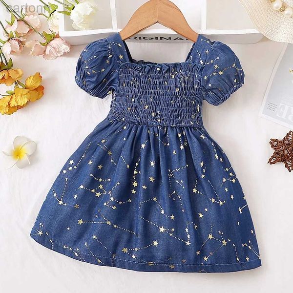 Robes de fille bébé fille robe d'été Golden Star Match Guff Sleeve Blue Princess Robe Fashion Party Robe For Kids Girl 3-24 mois D240425