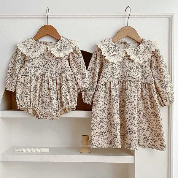 Vestidos de niña Ropa para niñas Ropa de primavera Solapa de encaje Mamelucos para bebés Vestido de princesa Floral Mangas largas Vestido para niñas Ropa para hermanas familiares 0-6 años