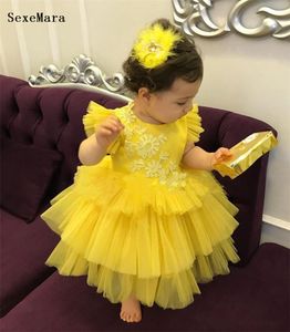 Robes de fille bébé filles vêtements jaune gonflé Tulle dentelle haut fleur fille robe infantile premier anniversaire robe de fête 230712
