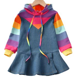 Robes de fille Bébé Filles Coton Rainbow Rayé Denim Robe Enfants Enfants Été Printemps Automne À Capuche Tenues Vêtements Vêtements Pour Bébés Robes Z0223