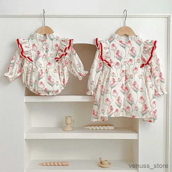 Vestidos de niñas Vestidos para niñas de niñas Ropa infantil para bebés Jugros de encaje floral Mangas largas Bodysuit Girls Princess Vestida Hermana Clothing