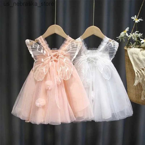 Robes de fille Baby Girls Robe Summer Pink Mignon Soudeurs + Wings American Style Elegant Princess Mesh Robe Birthday Party Clothes Q240418