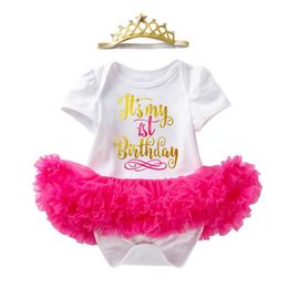 Vestidos de niña Baby Girls Half 1st 2nd Años Vestido Mi primer cumpleaños Carta Fluffy Tutu Crown Diadema Trajes Vestidos rosados \u200b\u200bGirl'