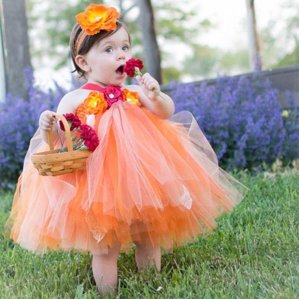 Vestidos de niña Baby Girls Orange Flower Lace Tutu Vestido Niños Tul Vestido de bola con Hairbow Niños Cumpleaños Fiesta de Halloween Disfraz DressGir