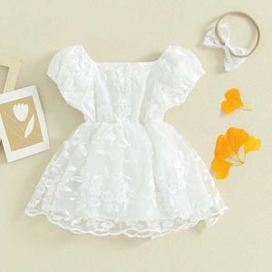 Vestidos de niñas para niñas para bebés Mompers Dress Flower Borded Puff manga en capas Tul Falda Bodysuits para niños pequeños con banda para la cabeza