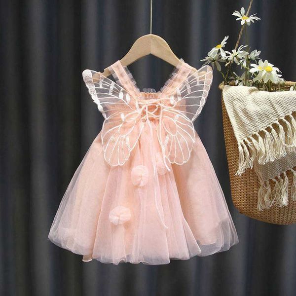 Robes de fille bébé filles été robe mignonne dentelle papillon tenue bretelles fleur enfant en bas âge enfants sans manches rose jaune robes