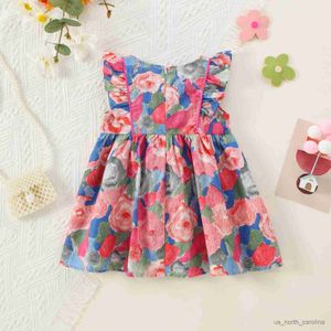 Vestidos de niñas para niñas de bebé Summer Summer manga de cuello redondo pintura al óleo estampado floral princesa atuendo R230816