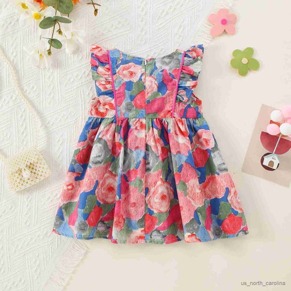 Vestidos de niñas para niñas de bebé Summer Summer manga de cuello redondo pintura al óleo estampado floral princesa atuendo R230816