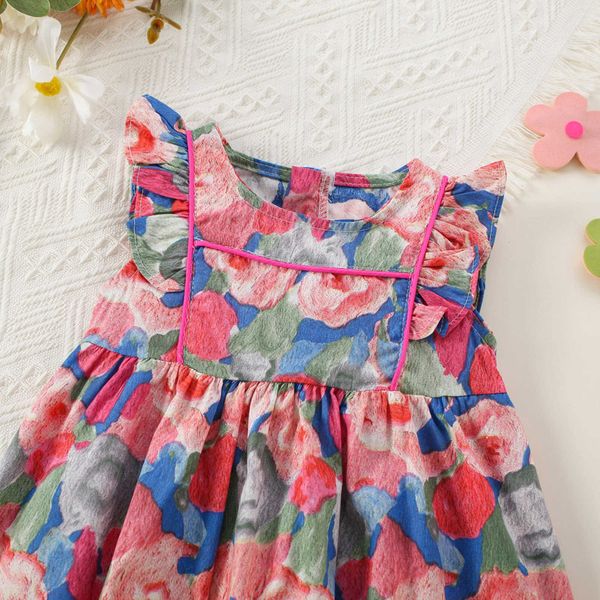 Vestidos de niña Vestido de verano para niñas Vestido de verano Manga mosca Cuello redondo Pintura al óleo Estampado floral Vestido de princesa Traje