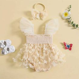 Girl's jurken baby dames jumpsuit vlinder decoratie fly mouw geplooide mesh rok zoom jumpsuit baby strakke passende kleding met hoofdbandl240508