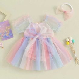 Girl's jurken baby dames zomer jumpsuit met booghoofdband mouwloos patchwork bow setl240508