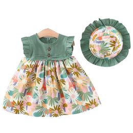 Girl's jurken Babzapleume geboren baby zomerkleding Koreaanse mode mouwloze katoenen rode prinsesjurk Sunhat Little Girls Clothing Set 140