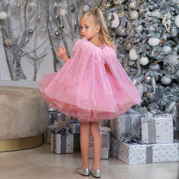 Vestidos de niña Vestido de fiesta Organza rosa Fiesta de niña Capas hinchadas Falda Vestido de cumpleaños Navidad con CapeGirl's