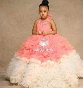 Vestidos de niña Ball Puffy Flower Girl para boda Halter Beads Crystal African Girls Pageant Vestidos Faldas escalonadas Tulle Kids Prom Dress