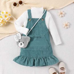 Robes de fille Baywell enfants fille vêtements enfants mode style ensemble chemise à manches longues + robe à bretelles + sac d'ours de dessin animé 3pcs tenues d'automne