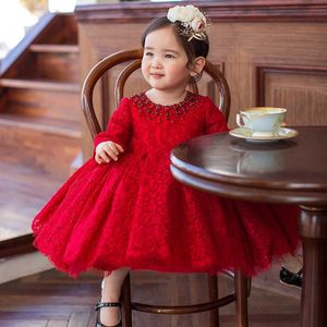 Robes de fille perles rouge tulle nouveau-né bébé fille fleur dentelle robes de baptême pour 1 an premier anniversaire princesse robe de baptême tenue