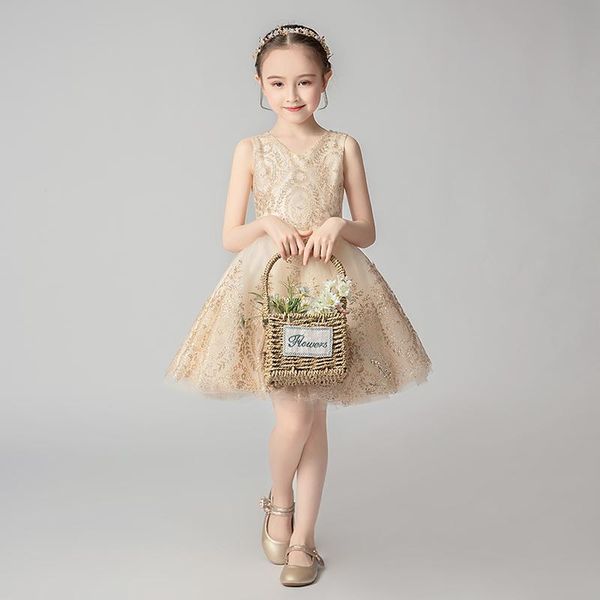 Robes de fille Perles Sequin Golden Tulle Flower Girl Dress Wedding Party Beauty Pageant Vêtements Enfants Princesse Première Communion Robe