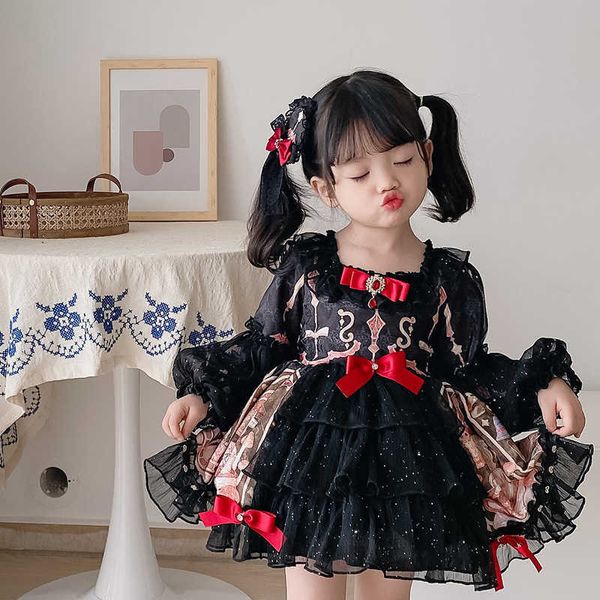 Robes pour filles noir gothique Lolita bébé fille sorcière Cavai nœud dentelle à manches longues robe de princesse Costume d'halloween G220523